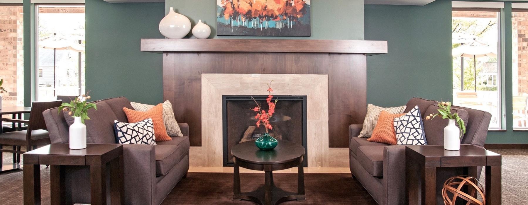 a living room with a fireplace