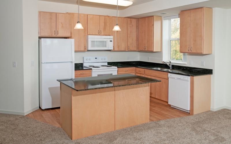 a kitchen with wooden cabinets